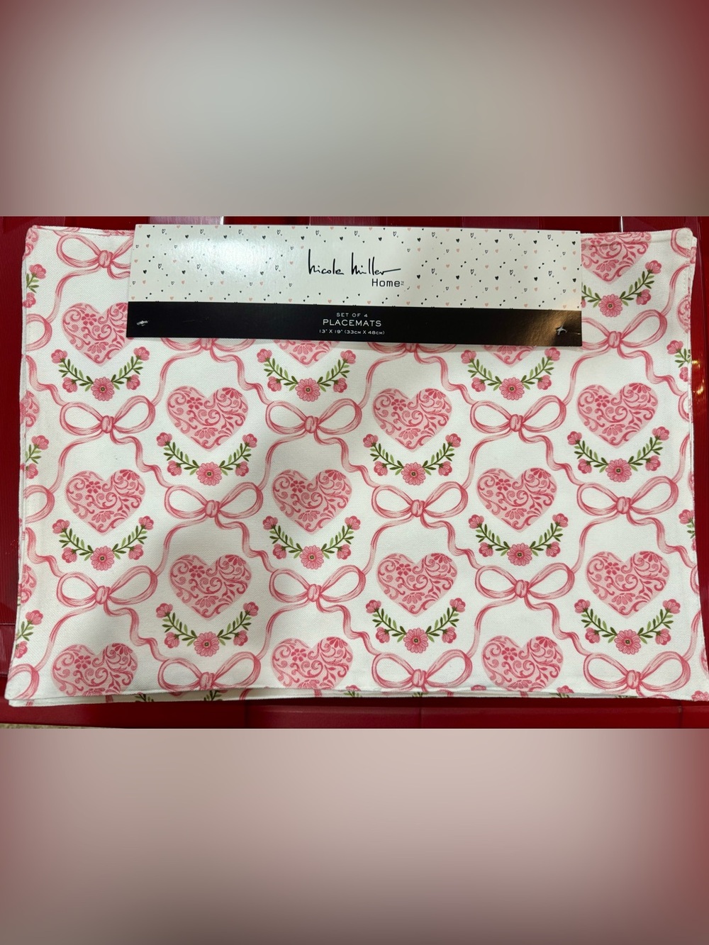 Nicole Miller Home Set of 4 Placemats with Pink Hearts and Bows